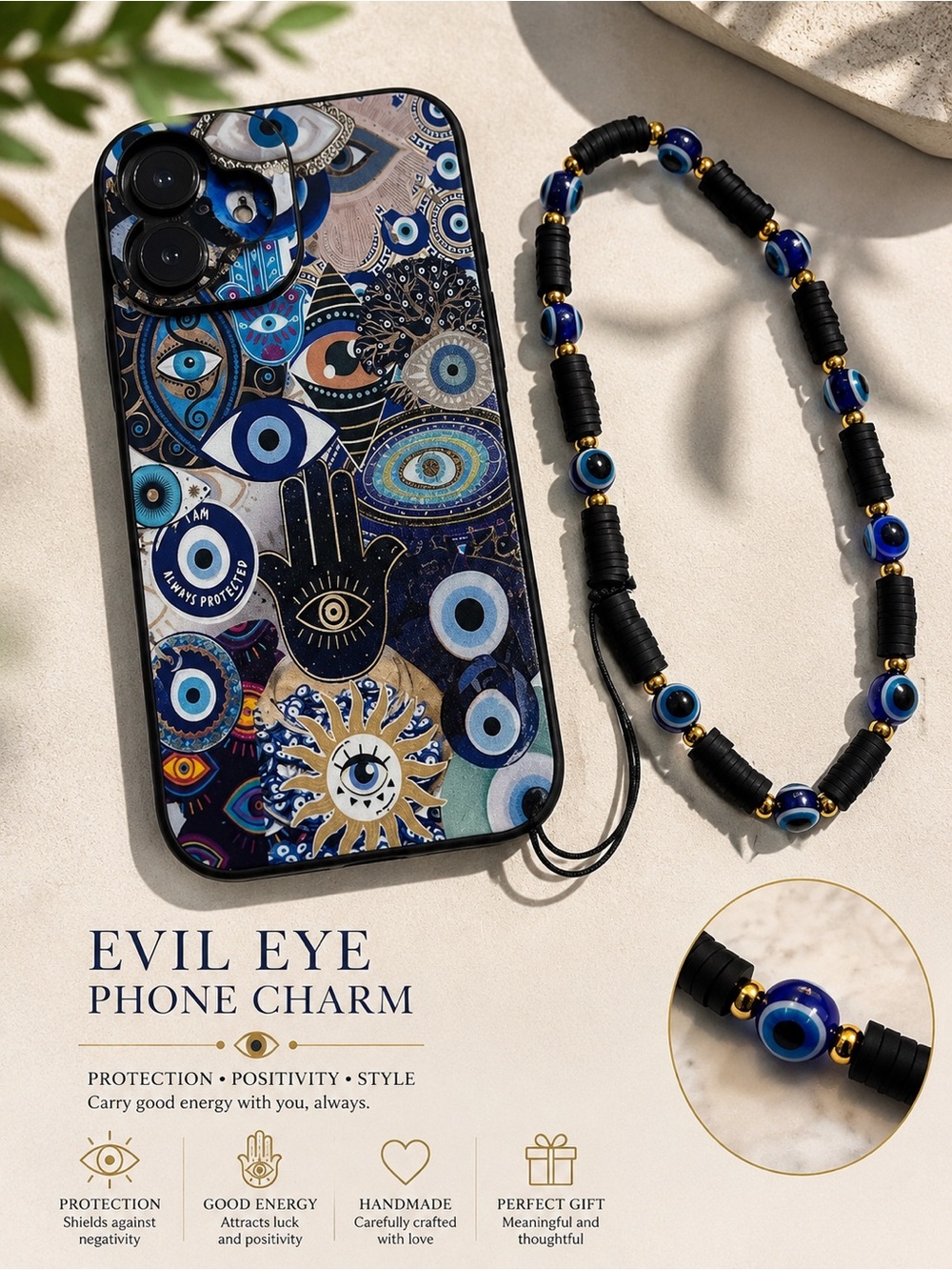 Evil Eye Protective Phone Charm and Blue Pattern Phone Case 16 pro